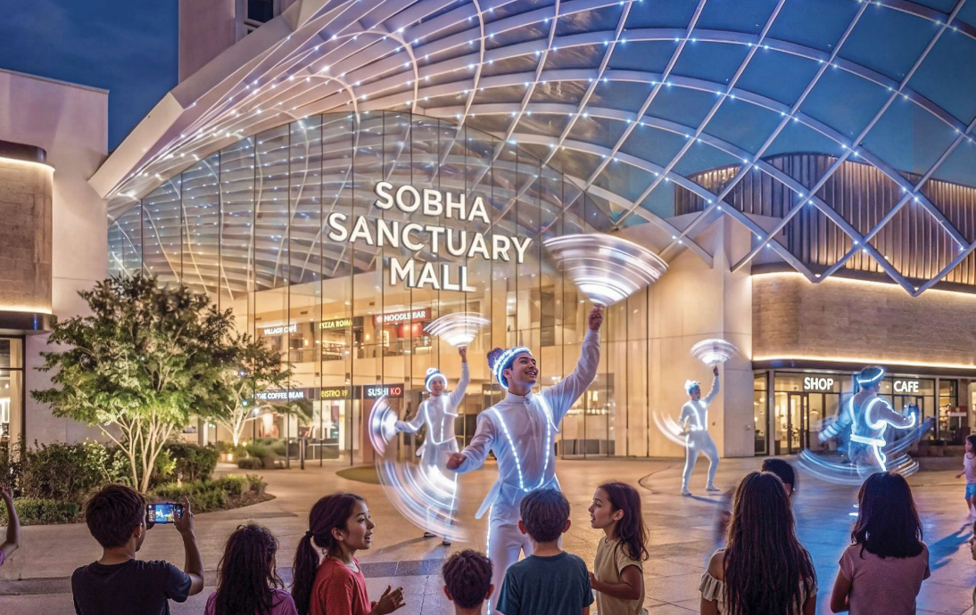 Le Sobha Sanctuary Mall illuminé de nuit
