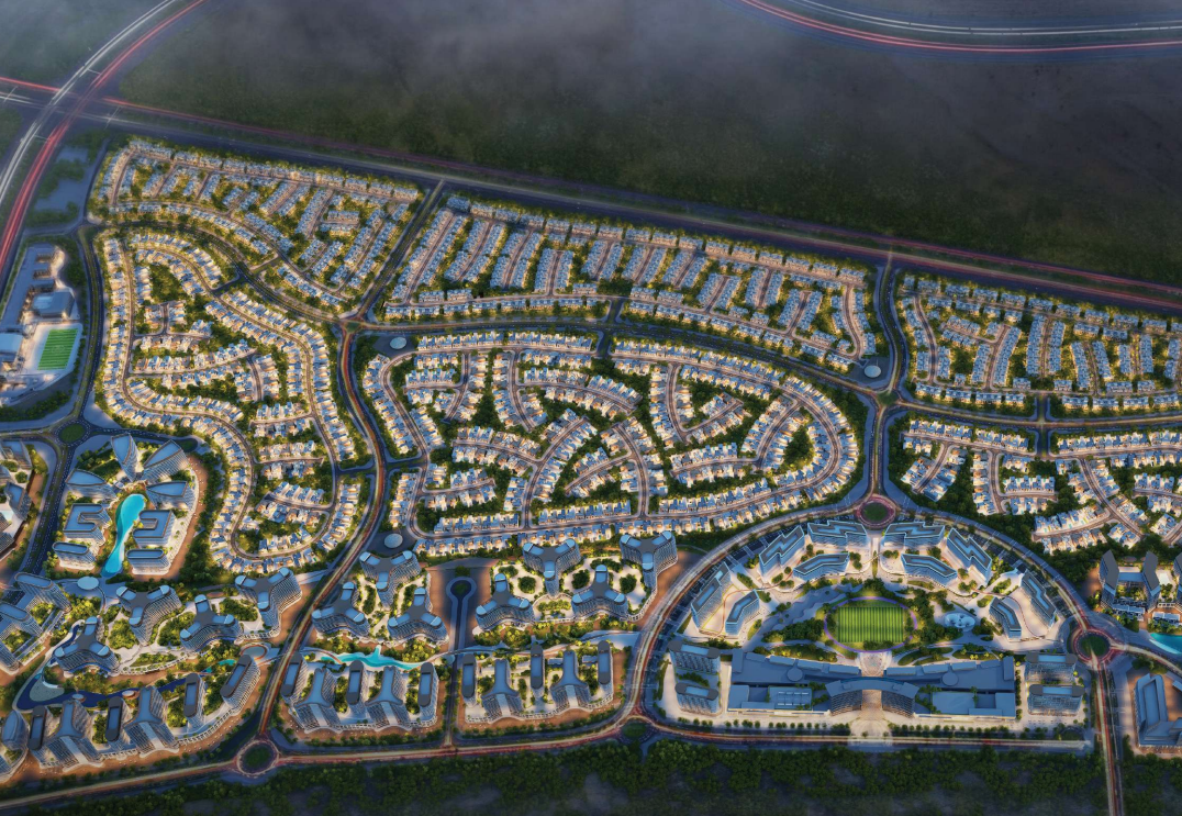 Vue aérienne nocturne du masterplan de Sobha Sanctuary à Dubaï