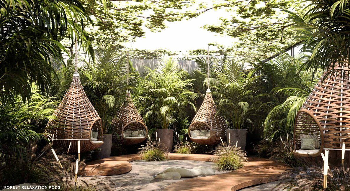 Forest Relaxation Pods, cocons suspendus dans une végétation tropicale